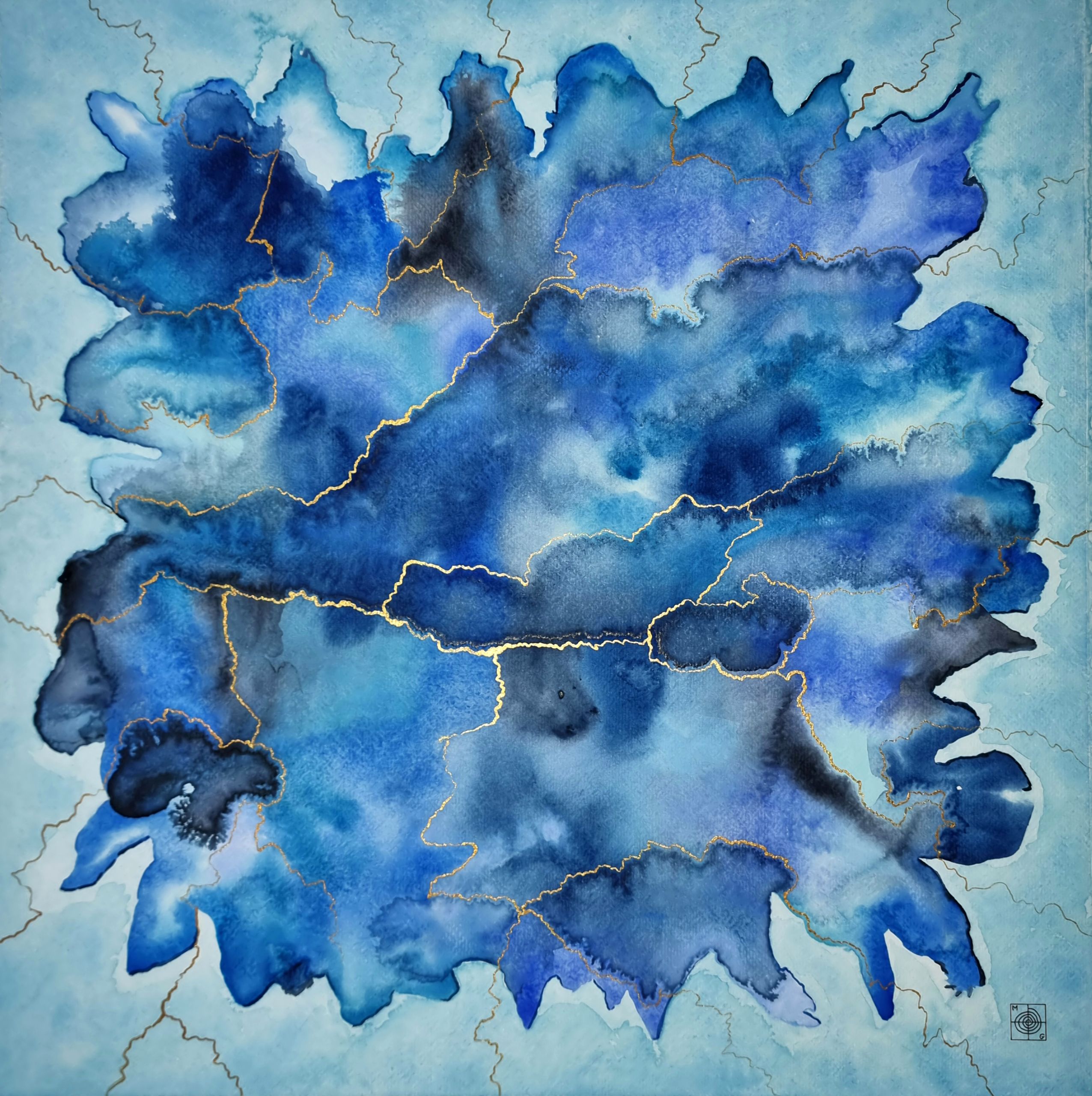 Aquarelle et tempera, couleurs bleu et doré, peinture abstraite contemporaine et vibratoire. Full image