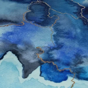 Aquarelle et tempera, couleurs bleu et doré, peinture abstraite contemporaine et vibratoire. Extrait 2 d'Allégria