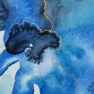 Aquarelle et tempera, couleurs bleu et doré, peinture abstraite contemporaine et vibratoire. Extrait 1 d'Allégria