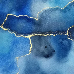 Aquarelle et tempera, couleurs bleu et doré, peinture abstraite contemporaine et vibratoire. Extrait 3 d'Allégria