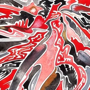 Tempera astraite contemporaine, couleurs rouge noir gris, célébrer l'amour, Extrait 2