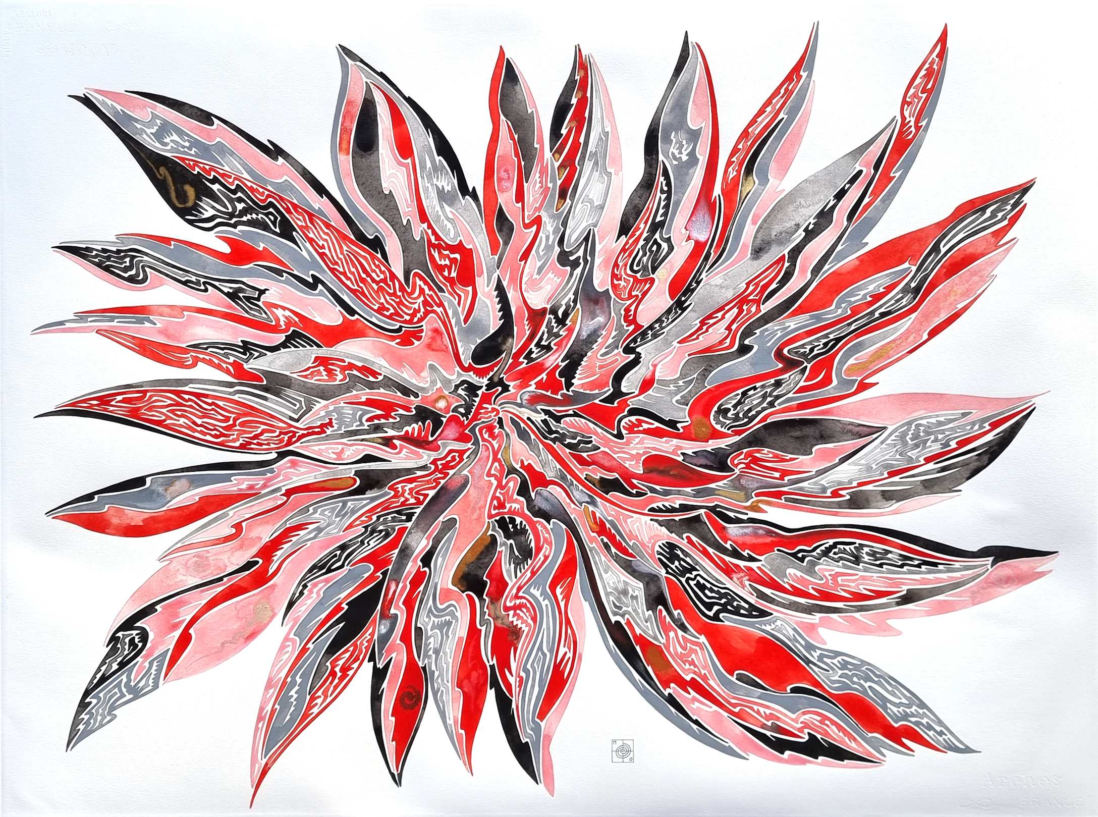 Tempera astraite contemporaine, couleurs rouge noir gris, célébrer l'amour, full size