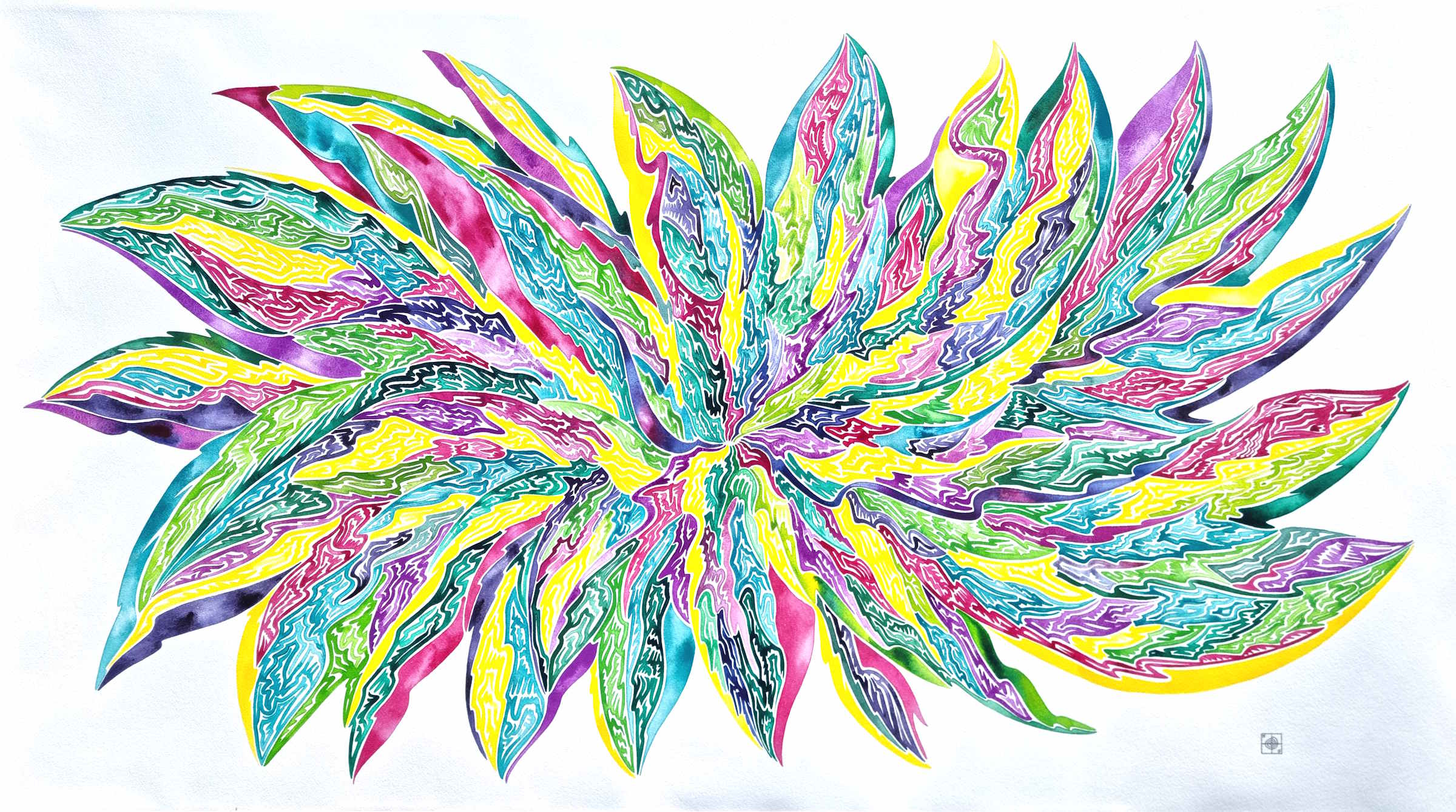 aquarelle abstraite contemporaine, couleurs jaune, verte et magenta, format 113 x 63 cm. Full image