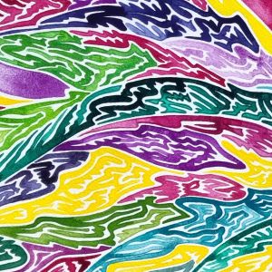 aquarelle abstraite contemporaine, couleurs jaune, verte et magenta, format 113 x 63 cm. Extrait 1