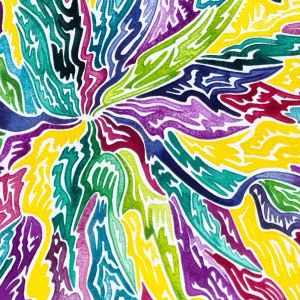 aquarelle abstraite contemporaine, couleurs jaune, verte et magenta, format 113 x 63 cm. Extrait 2