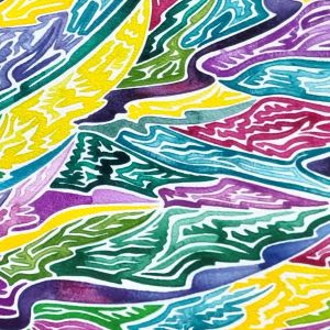 aquarelle abstraite contemporaine, couleurs jaune, verte et magenta, format 113 x 63 cm. Extrait 3