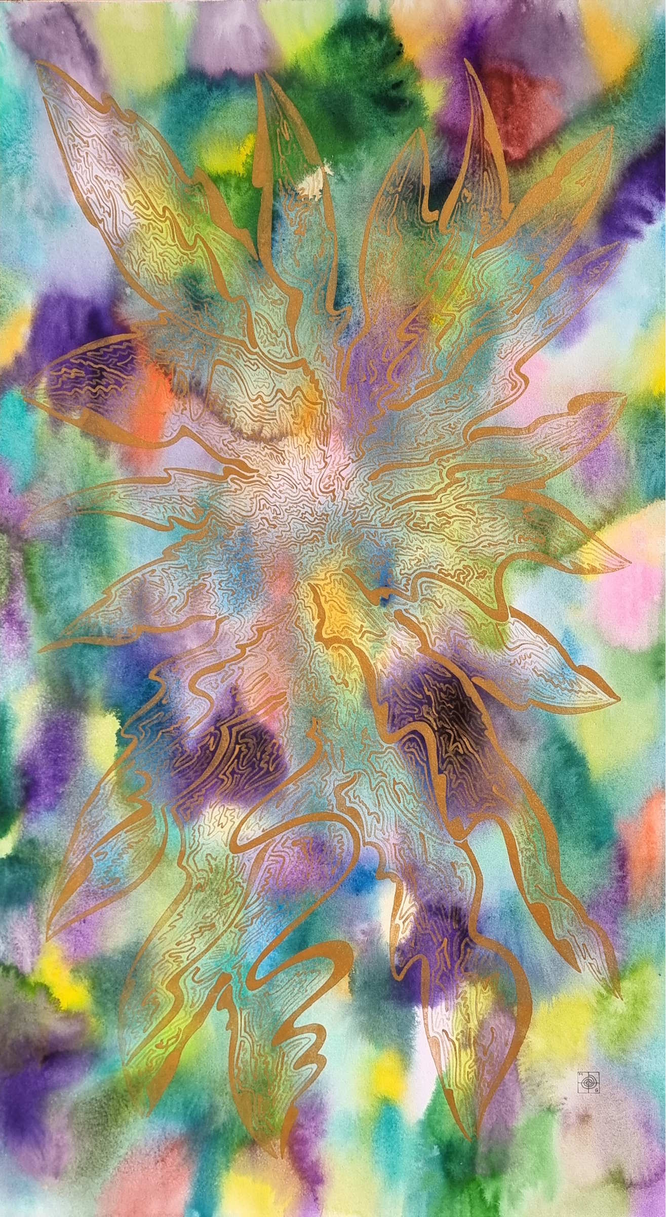 Aquarelle abstraite contemporaine, couelrus verts violoet et doré en filigrane. Format 42,5 x 76 cm. Full image