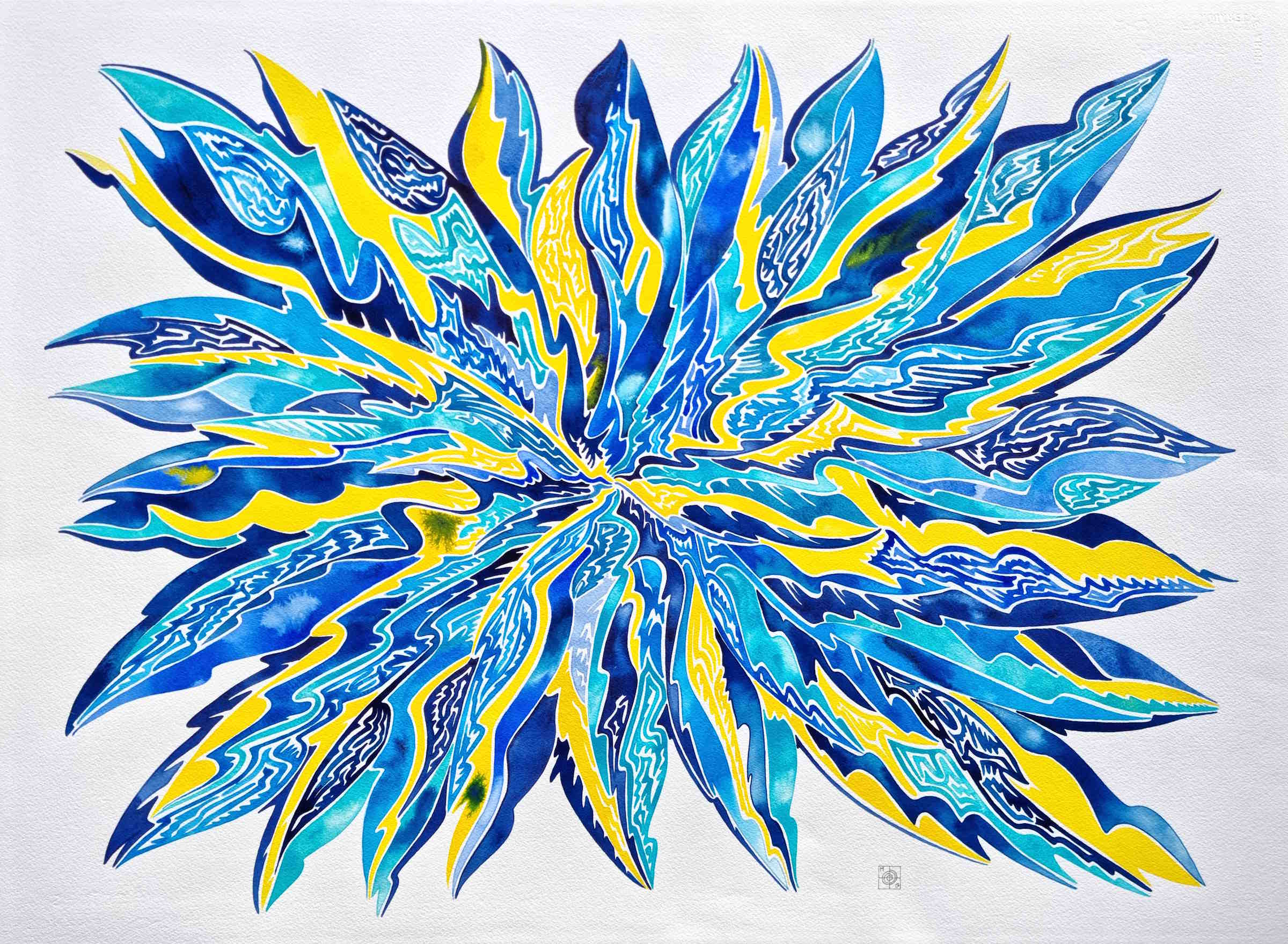 aquarelle abstraite contemporaine, couleurs jaune et bleu, format 76 x 56 cm. Full image