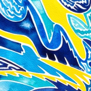 aquarelle abstraite contemporaine, couleurs jaune et bleu, format 76 x 56 cm. Extrait 1