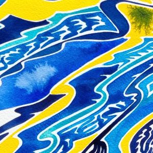 aquarelle abstraite contemporaine, couleurs jaune et bleu, format 76 x 56 cm. Extrait 2