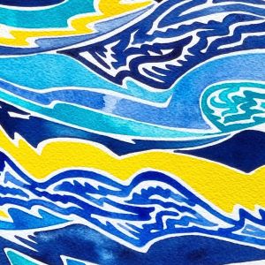 aquarelle abstraite contemporaine, couleurs jaune et bleu, format 76 x 56 cm. Extrait 3