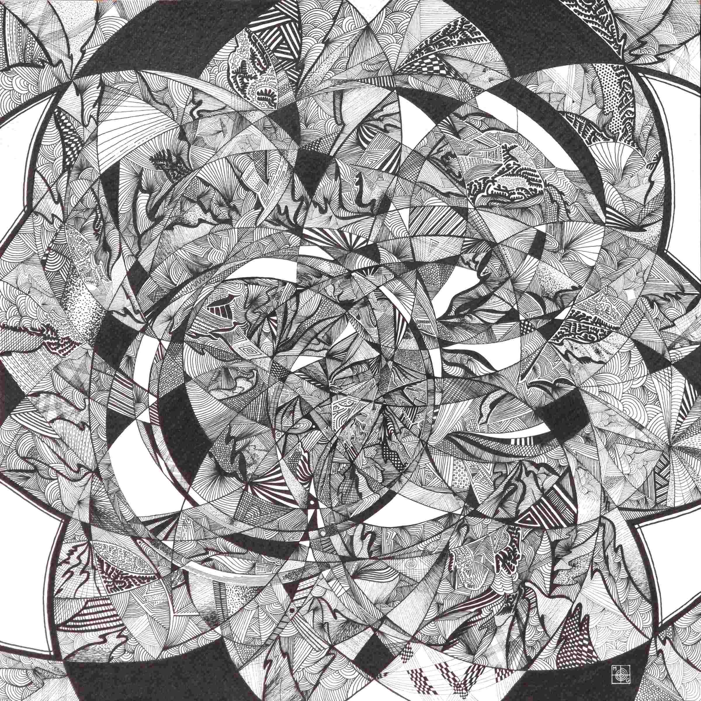 Dessin abstrait contemporain, liner noir sur fond blanc. Format : 50 x 50 cm. Full image