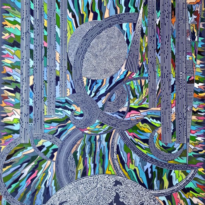 Aquarelle abstraite contemporaine, verts,bleu sur fond bleu marine. Format 70 x 90 cm. Full image