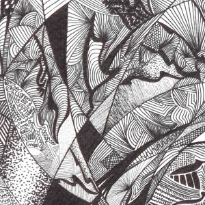 Dessin abstrait contemporain, liner noir sur fond blanc. Format : 50 x 50 cm. Extrait 1