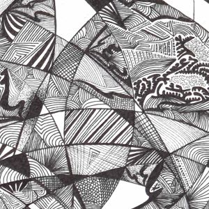 Dessin abstrait contemporain, liner noir sur fond blanc. Format : 50 x 50 cm. Extrait 2