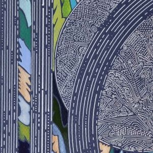 Aquarelle abstraite contemporaine, verts,bleu sur fond bleu marine. Format 70 x 90 cm. Extrait 1