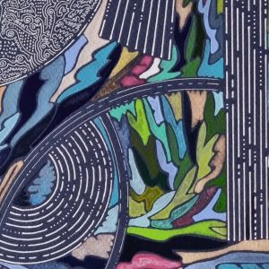 Aquarelle abstraite contemporaine, verts,bleu sur fond bleu marine. Format 70 x 90 cm. Extrait 2