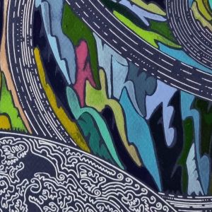 Aquarelle abstraite contemporaine, verts,bleu sur fond bleu marine. Format 70 x 90 cm. Extrait 3