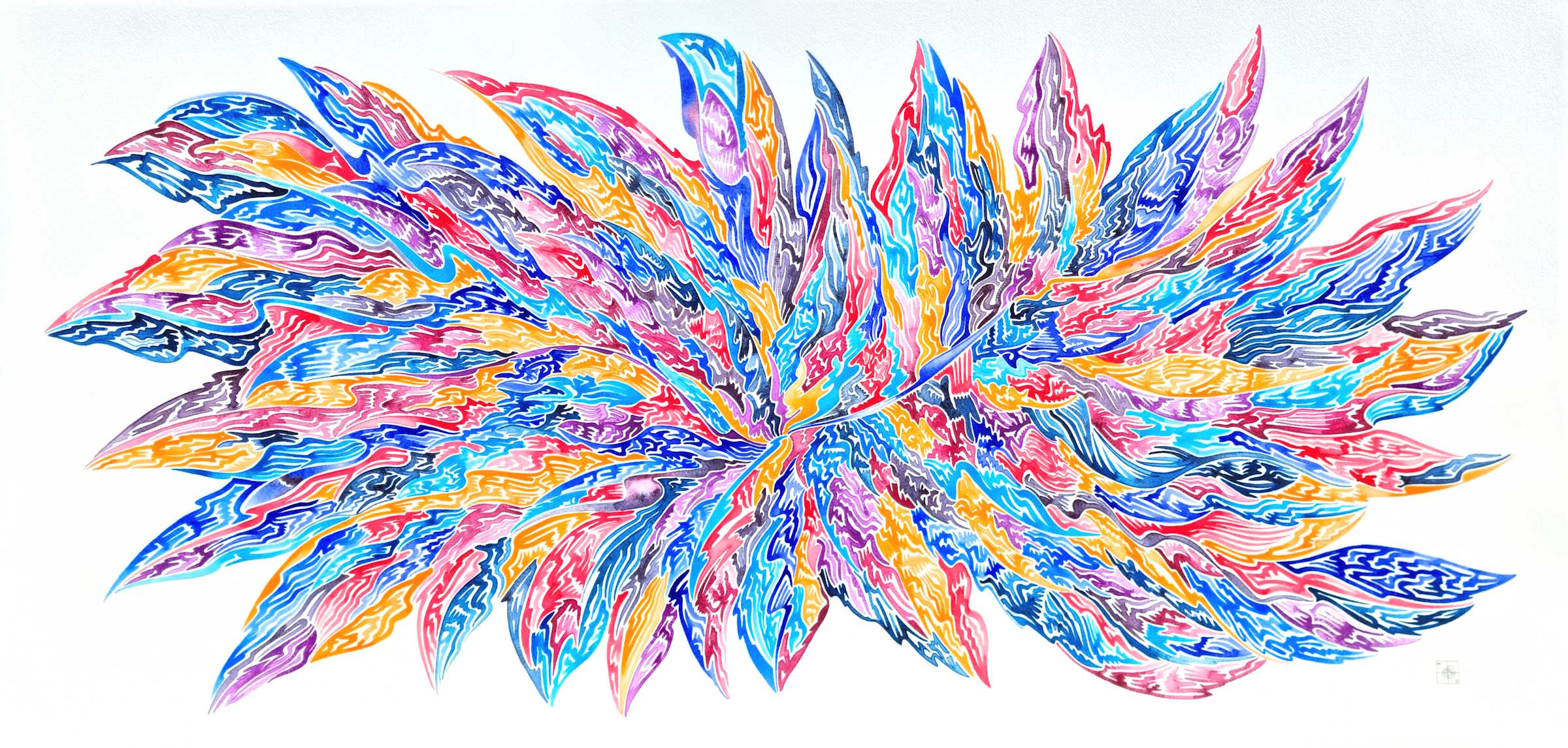 aquarelle abstraite et contemporaine, tons orange, bleu rouge, 113 x 55 cm. Full image