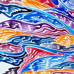 aquarelle abstraite et contemporaine, tons orange, bleu rouge, 113 x 55 cm. Extrait_1