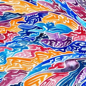 aquarelle abstraite et contemporaine, tons orange, bleu rouge, 113 x 55 cm. Extrait 2