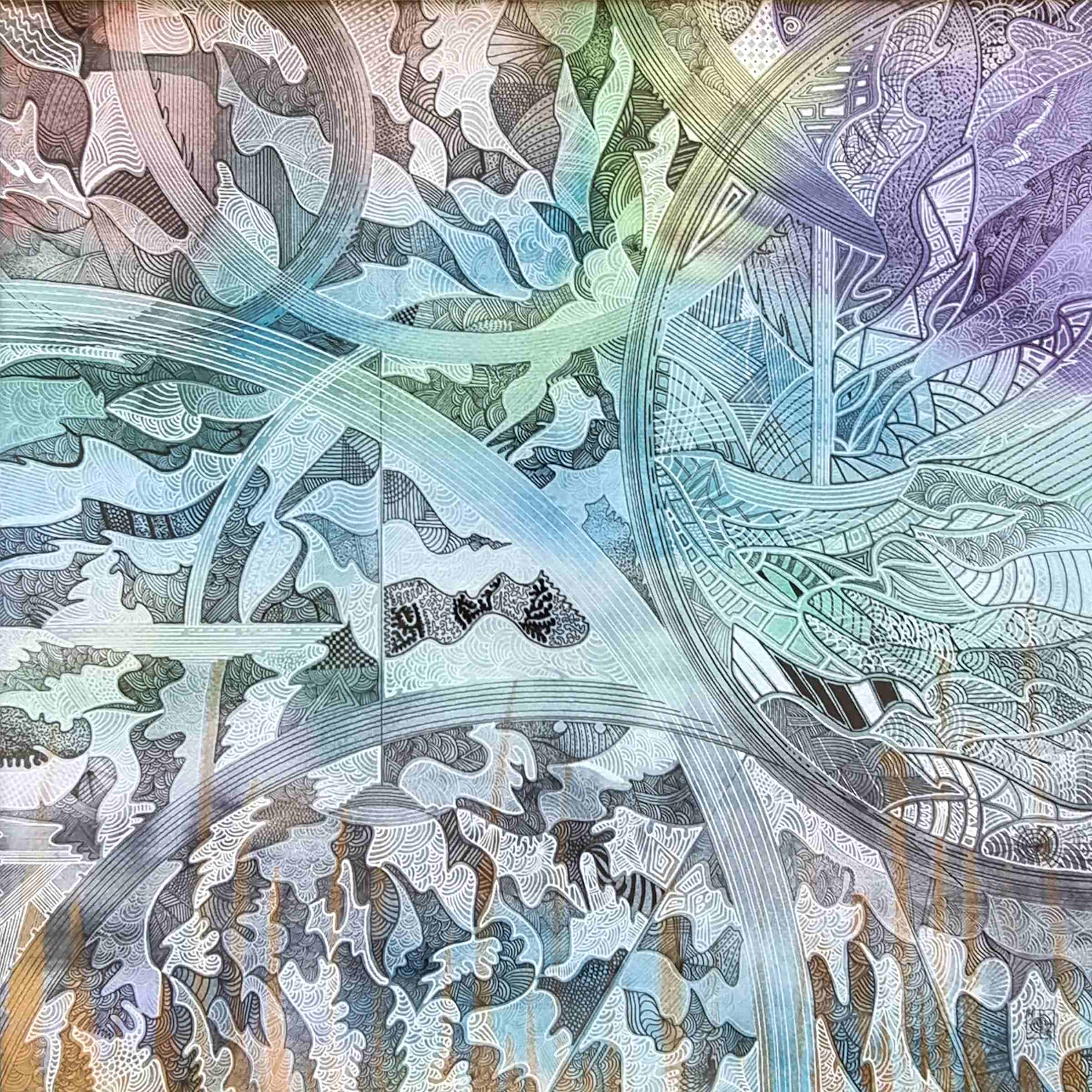 Aquarelle abstraite contemporaine, liners, aquerlle. Format 48 x 48 cm. Full image