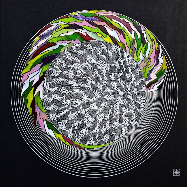 aquarelle abstraite contemporaine, couleur vert et rose, liner blanc sur fond noir. Format 50 x 50 cm. Full image