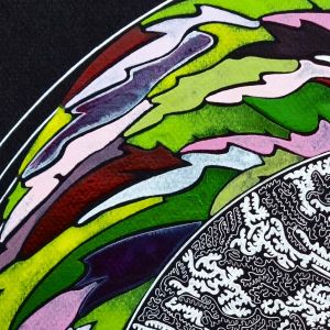 aquarelle abstraite contemporaine, couleur vert et rose, liner blanc sur fond noir. Format 50 x 50 cm. Extrait 1