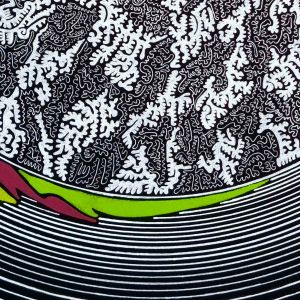 aquarelle abstraite contemporaine, couleur vert et rose, liner blanc sur fond noir. Format 50 x 50 cm. Extrait 2