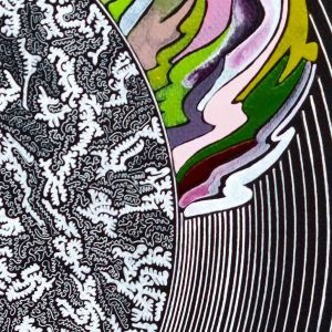 aquarelle abstraite contemporaine, couleur vert et rose, liner blanc sur fond noir. Format 50 x 50 cm. Extrait 3