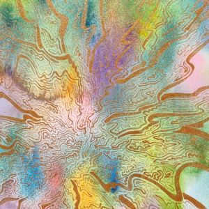 Aquarelle abstraite contemporaine, couelrus verts violoet et doré en filigrane. Format 42,5 x 76 cm. Extrait 1