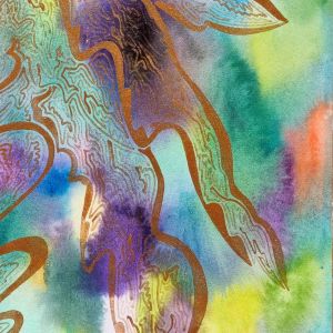 Aquarelle abstraite contemporaine, couelrus verts violoet et doré en filigrane. Format 42,5 x 76 cm. Extrait 2