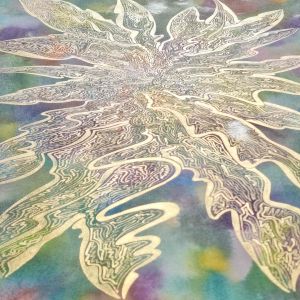 Aquarelle abstraite contemporaine, couelrus verts violoet et doré en filigrane. Format 42,5 x 76 cm. Extrait 3