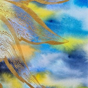 aquarelle abstraite contemporaine, couleurs jane bleu et filigrane doré. Format 55 x 56 cm. Extrait 1