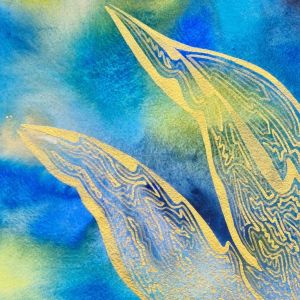 aquarelle abstraite contemporaine, couleurs jane bleu et filigrane doré. Format 55 x 56 cm. Extrait 2
