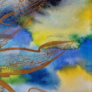 aquarelle abstraite contemporaine, couleurs jane bleu et filigrane doré. Format 55 x 56 cm. Extrait 3