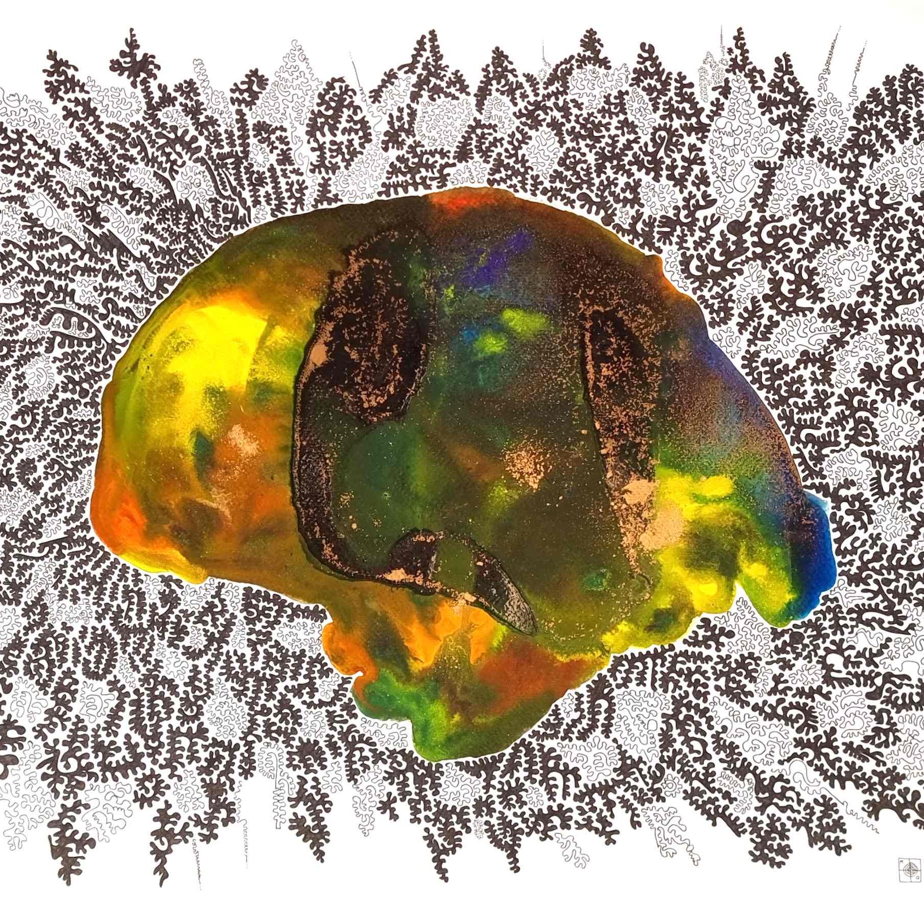 aquarelle et dessin abstrait contemporain, noir et blanc et orange, bleu et vert, 58 x 43,5 cm. Full image