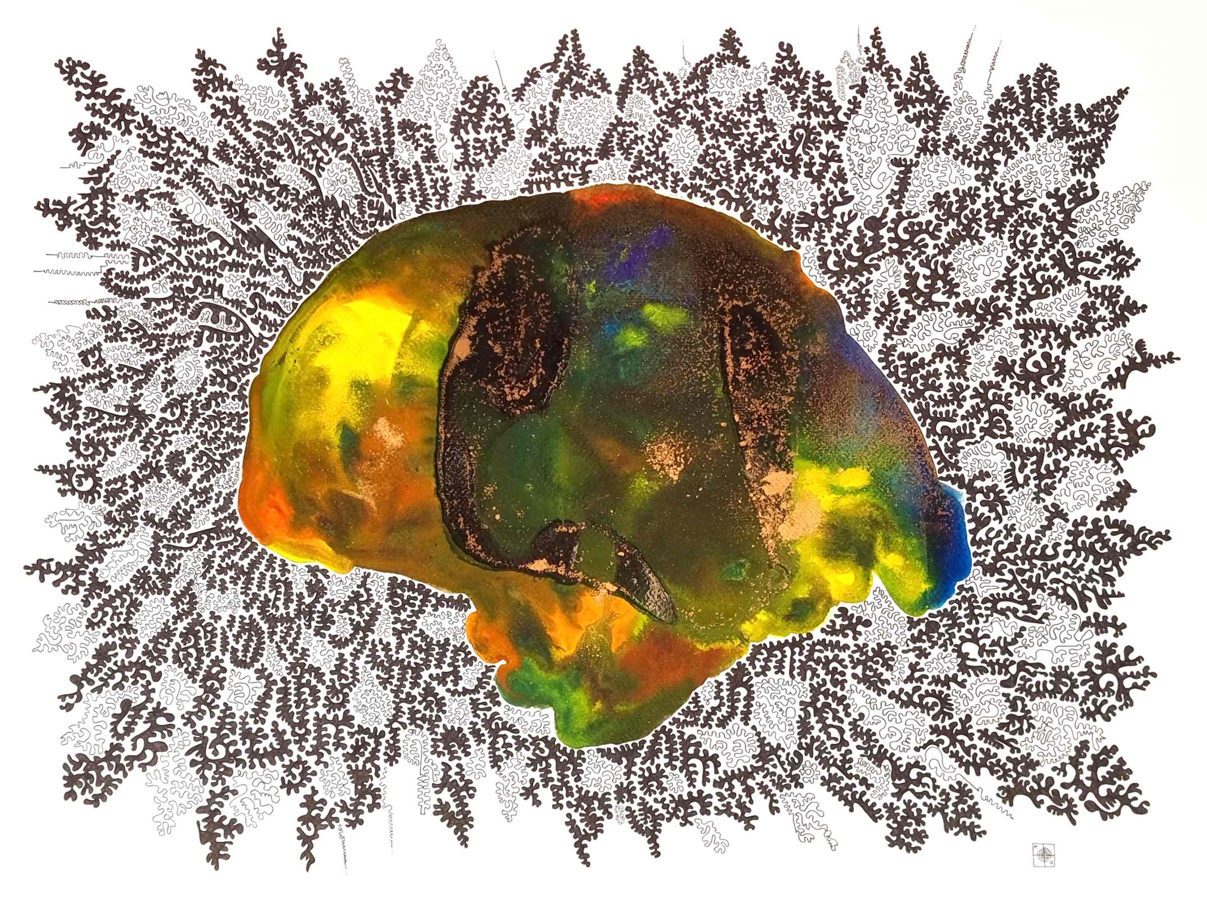 aquarelle et dessin abstrait contemporain, noir et blanc et orange, bleu et vert, 58 x 43,5 cm. Full image