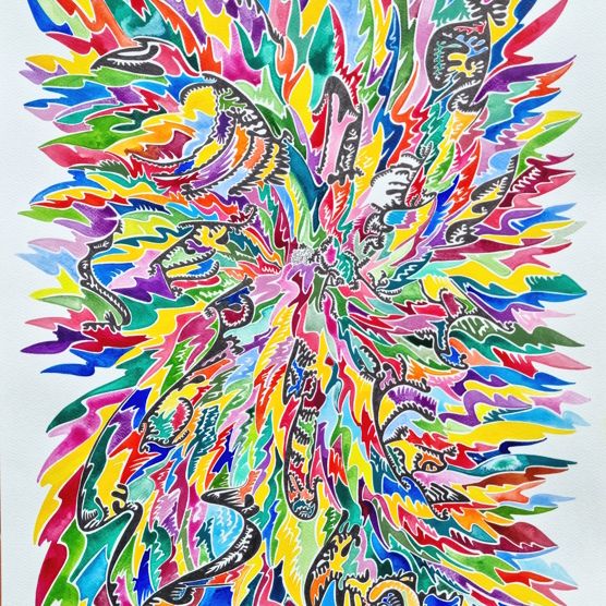 aquarelle et dessin abstrait contemporain, noir et blanc et multicolore. Format 50 x 70 cm. Full image