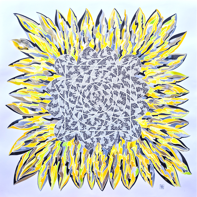 Aquarelle abstraite contemporaine, dessin liner noir, jaune et noir. Format : 100 x 100 cm. Full image