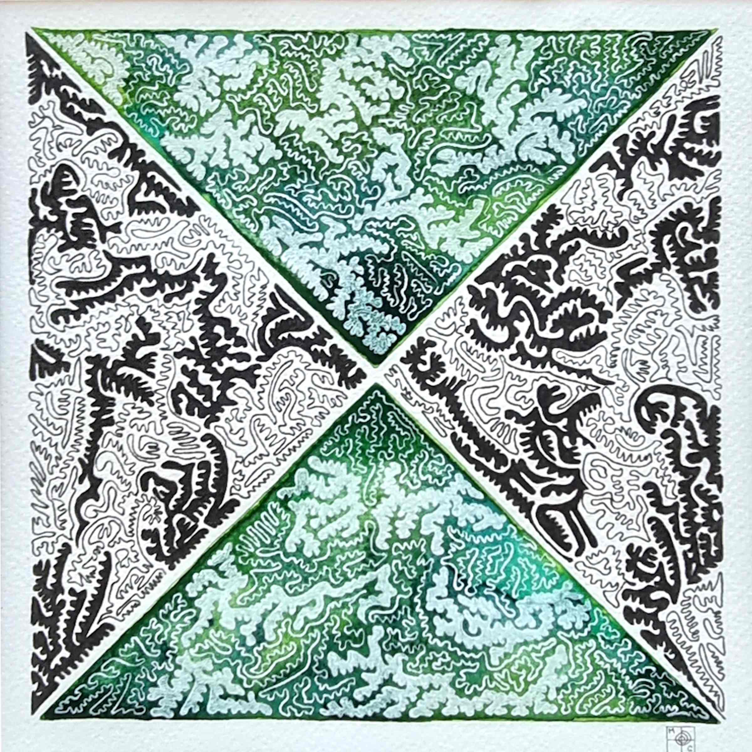 Aquarelle abstraite contemporaine. Verts, blanc et noir. Format 28,5 x 28,5 cm. Full image