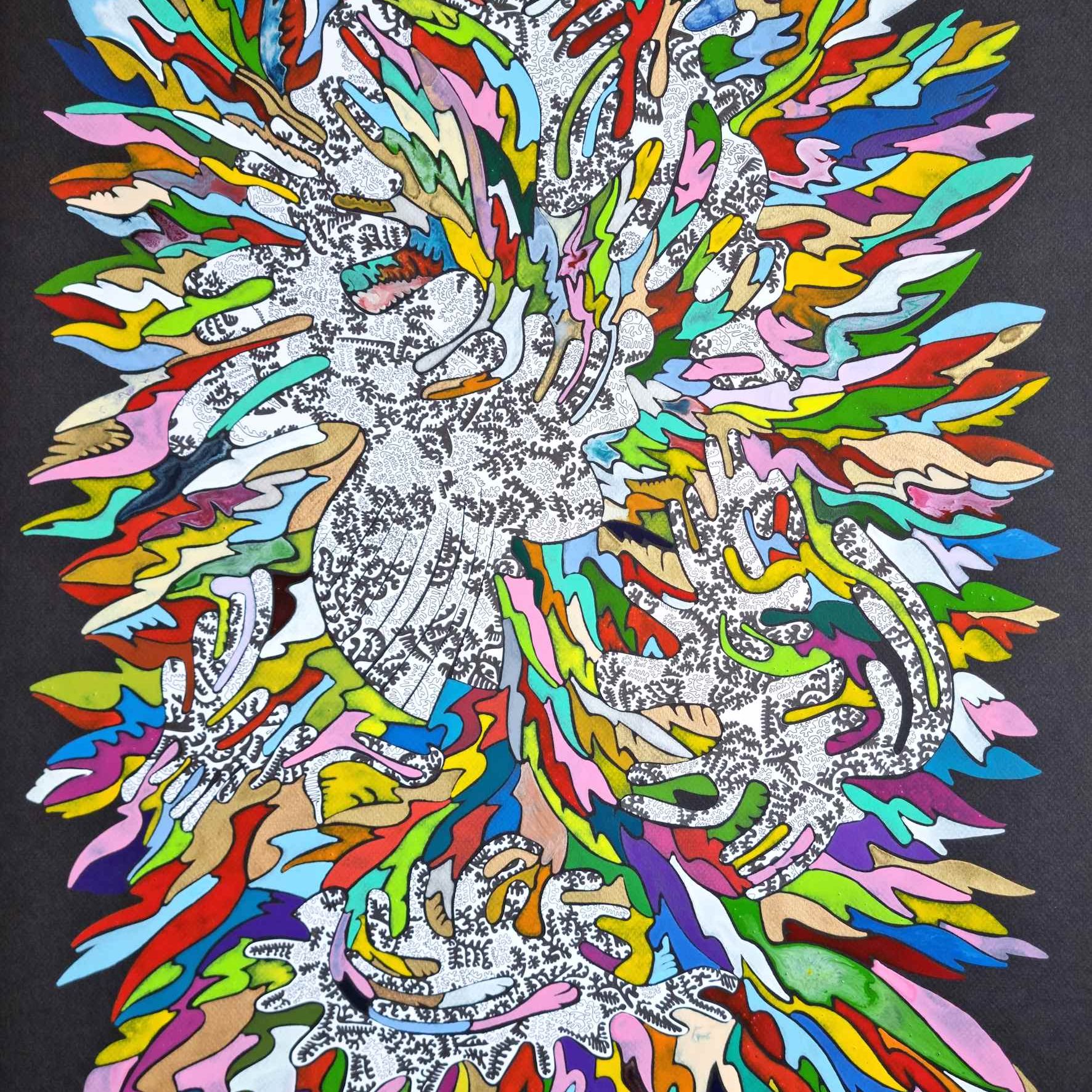 Aquarelle abstraite contemporaine et dessin, noir et blanc et multicolore. Format 54,5 x 74,5 cm. Full image