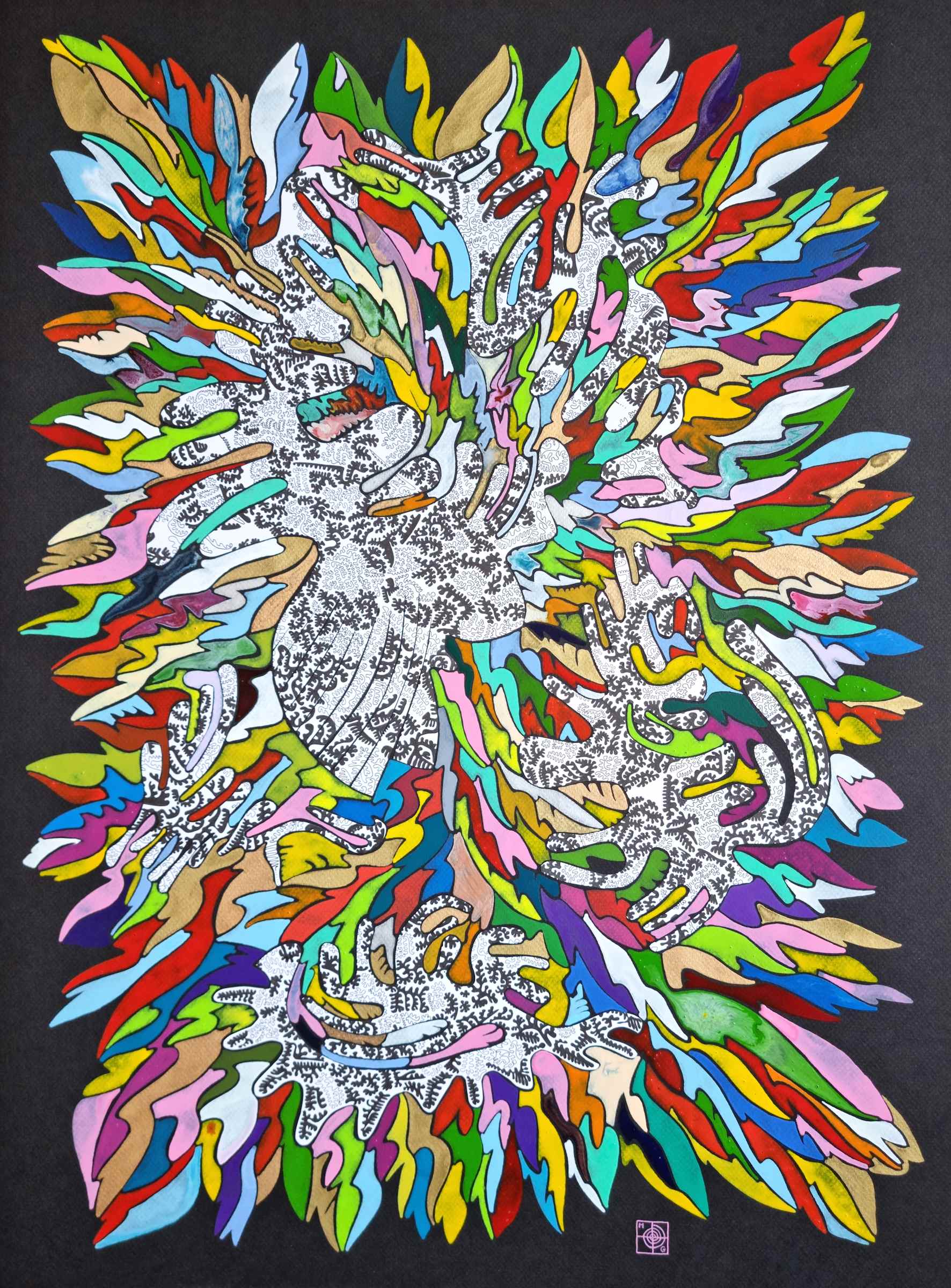 Aquarelle abstraite contemporaine et dessin, noir et blanc et multicolore. Format 54,5 x 74,5 cm. Full image