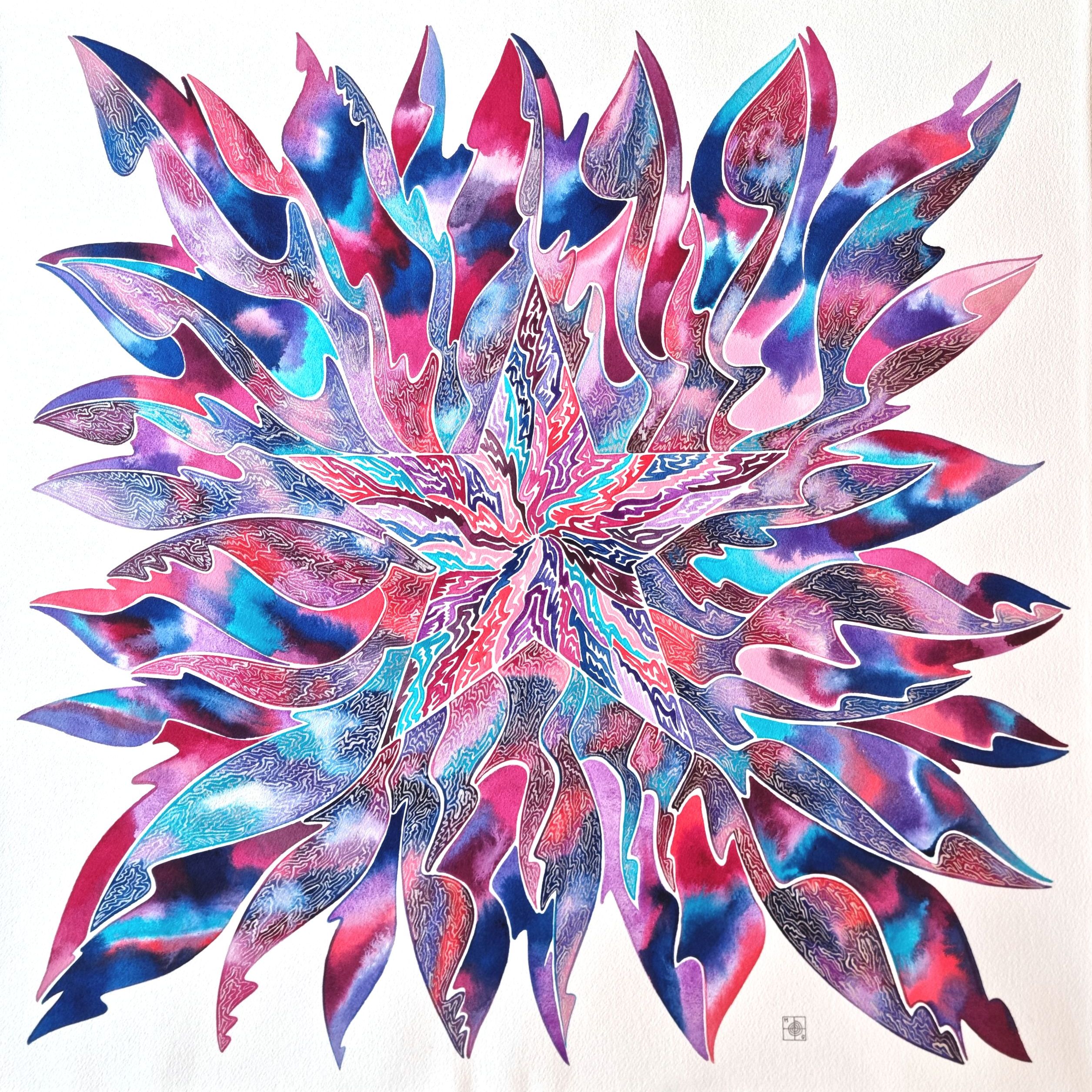 Aquarelle abstraite contemporaine, couelrus magenta et bleu, filigrane couleur or blanc. Format 62 x 62 cm. Full image