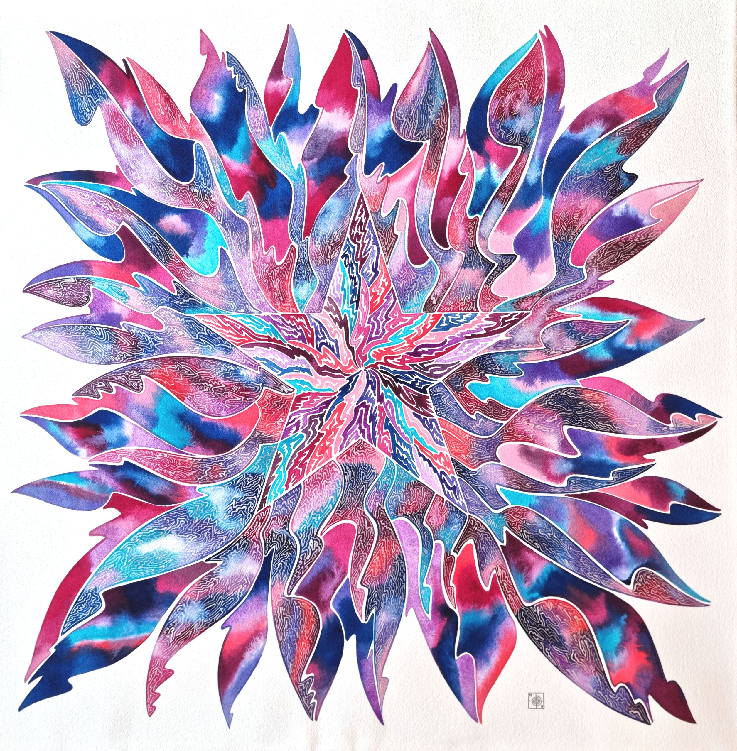 Aquarelle abstraite contemporaine, couelrus magenta et bleu, filigrane couleur or blanc. Format 62 x 62 cm. Full image