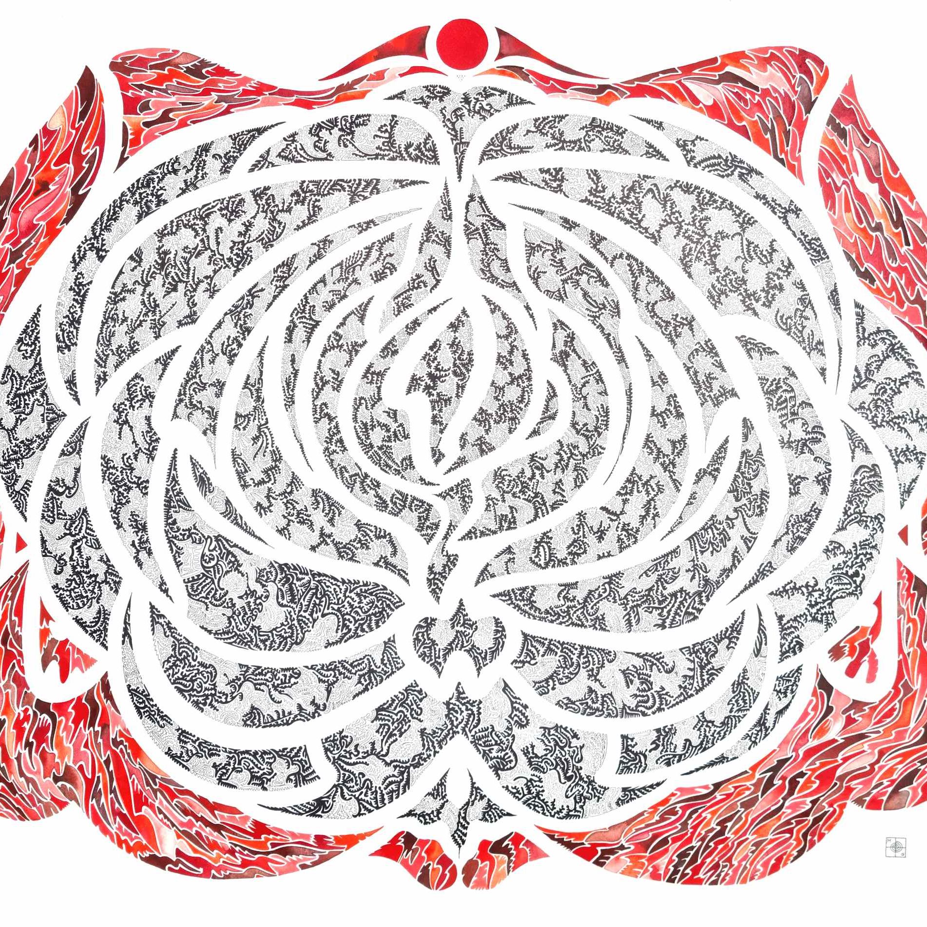 Aquarelle abstraite contemporaine, dessin liner noir, rouge et noir. Format : 112 x 89 cm. Full image