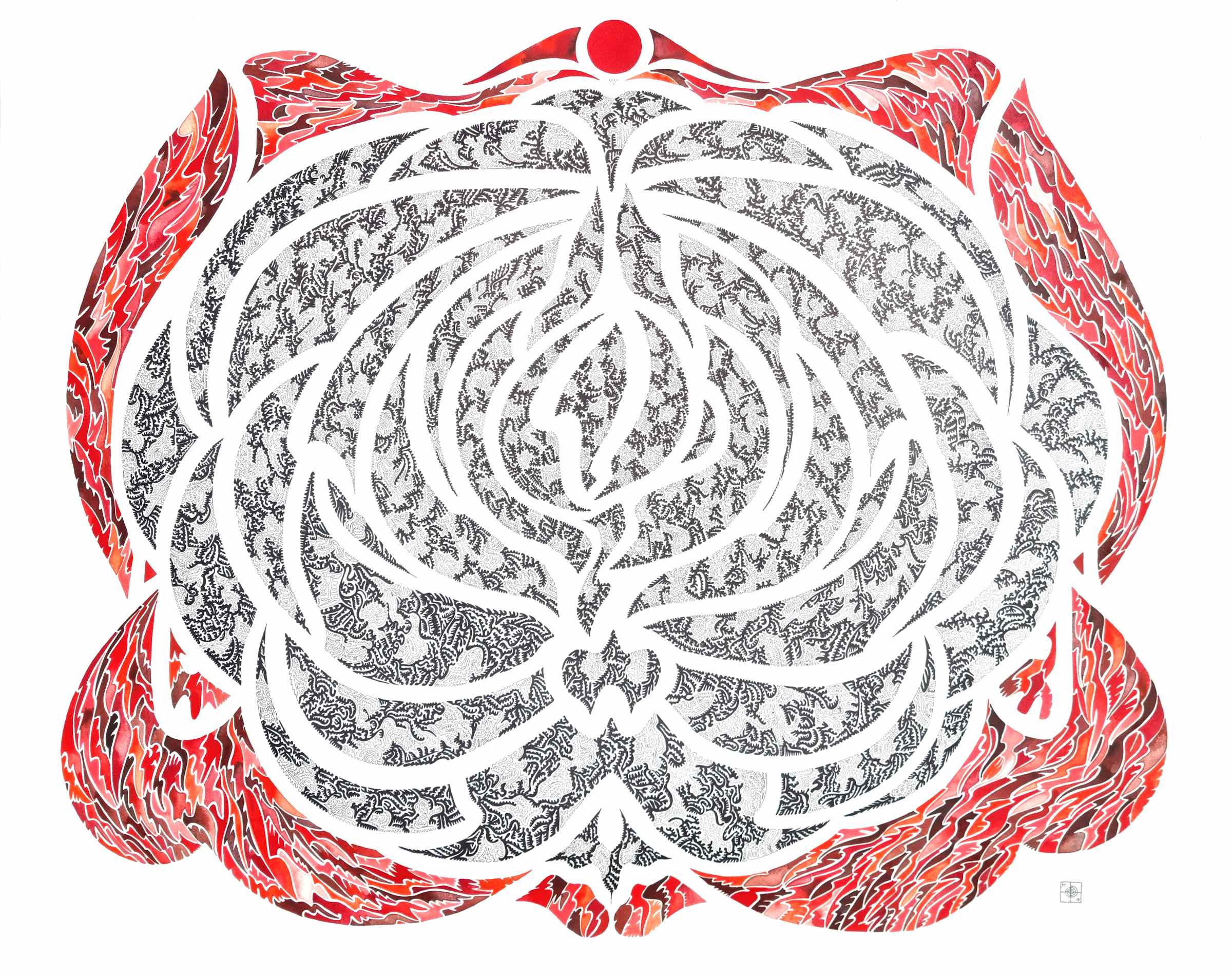 Aquarelle abstraite contemporaine, dessin liner noir, rouge et noir. Format : 112 x 89 cm. Full image