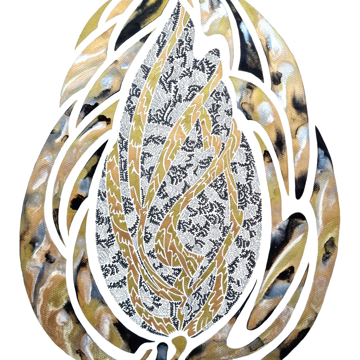 aquarelle abstraite contemporaine, liner noir, doré, noir, gris. Format 50 x 70 cm. Full image