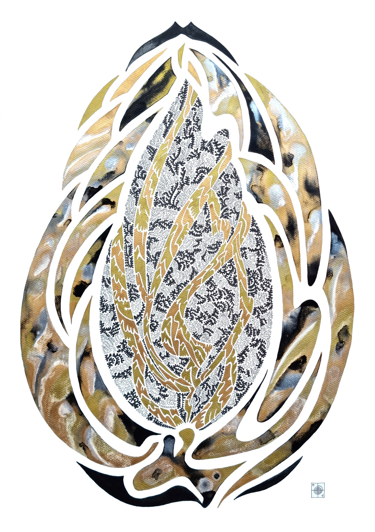 aquarelle abstraite contemporaine, liner noir, doré, noir, gris. Format 50 x 70 cm. Full image