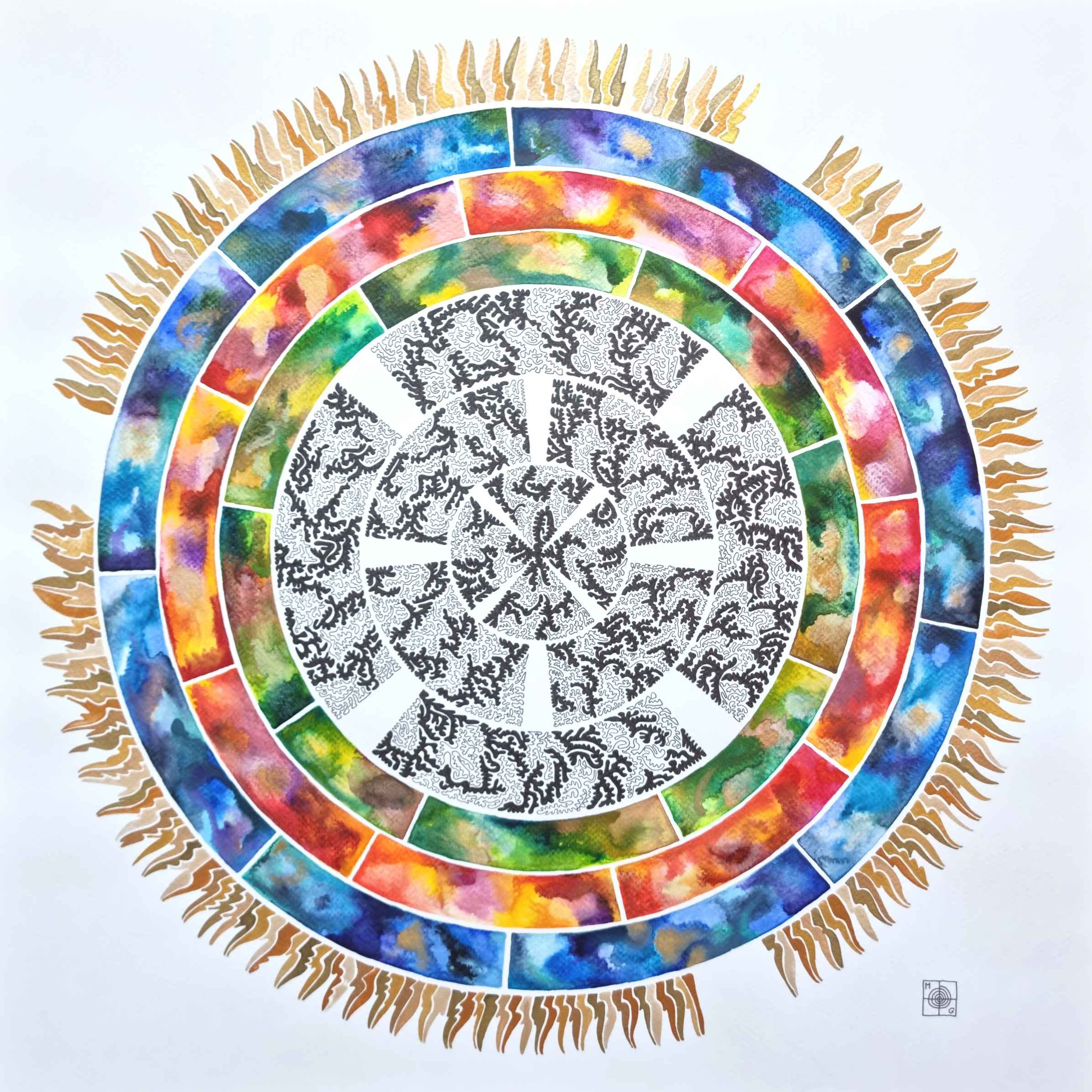 Aquarelle abstraite contemporaine, dessin liner noir, rouge, vert, bleu. Format : 50 x 50 cm. Full image